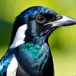 까치의 지능 실험 - **Magpie's Moment of Self-Discovery:** A close-up, highly detailed shot of a Eurasian magpie looking...