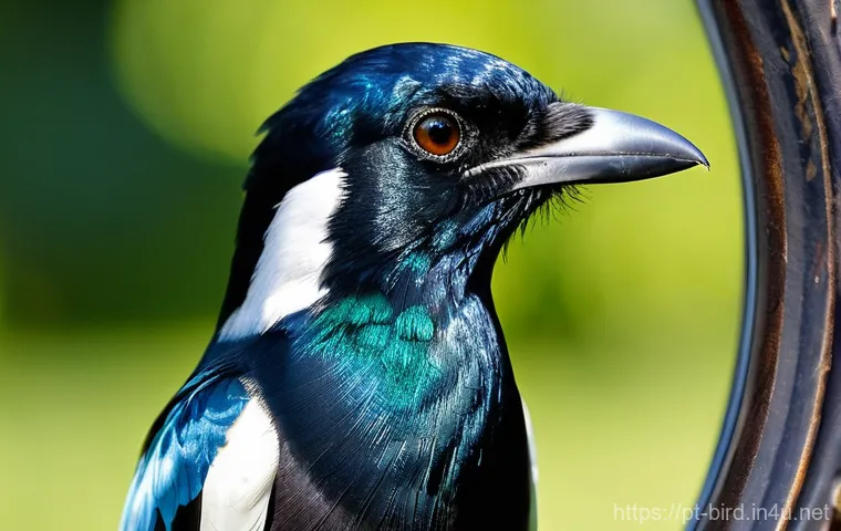 까치의 지능 실험 - **Magpie's Moment of Self-Discovery:** A close-up, highly detailed shot of a Eurasian magpie looking...