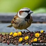 직박구리의 먹이 사슬 - **Prompt:** A vivid, high-resolution photograph capturing the dynamic diet of a house sparrow (Passe...