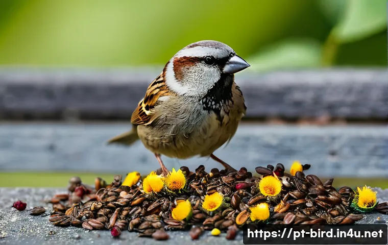 직박구리의 먹이 사슬 - **Prompt:** A vivid, high-resolution photograph capturing the dynamic diet of a house sparrow (Passe...