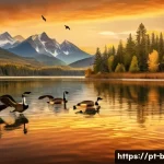 Home 21 고니의 울음소리 연구 - A vivid scene of a flock of Canada geese flying in a perfect V-formation over a serene lake at sunse...