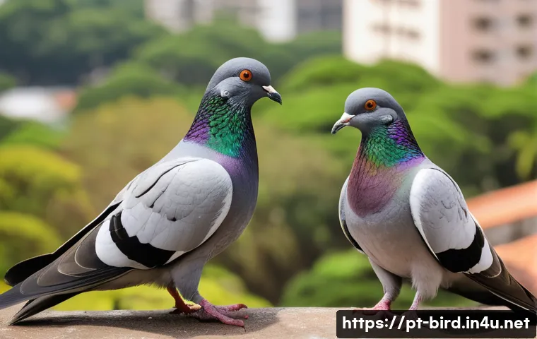 비둘기의 번식 주기 - A detailed close-up scene of a pair of pigeons during the courtship ritual in an urban Brazilian env...