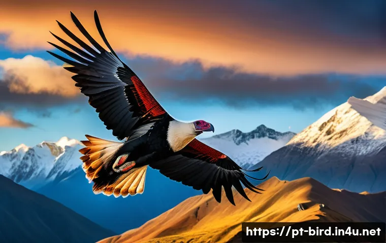 조류와 관련된 전통 설화 - A majestic Andean condor soaring high above the rugged mountain peaks at sunrise, its expansive wing...