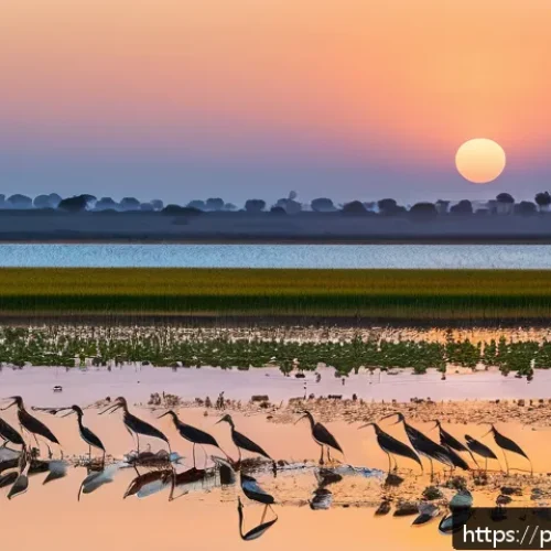Home 30 도요새의 이주 경로 - A vivid and detailed scene capturing a flock of Eurasian curlews (maçaricos) resting and feeding in ...