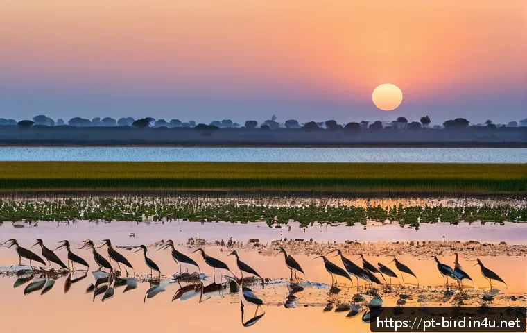 도요새의 이주 경로 - A vivid and detailed scene capturing a flock of Eurasian curlews (maçaricos) resting and feeding in ...