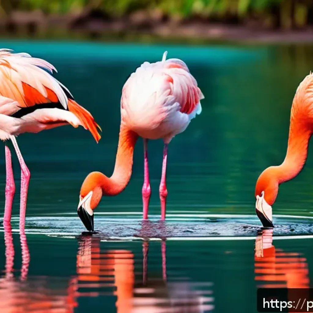 홍학의 다리 색 변화 이유 - A vibrant group of American flamingos standing gracefully in a pristine saltwater lagoon in Brazil, ...