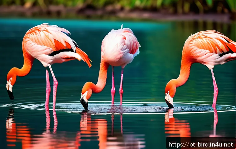 홍학의 다리 색 변화 이유 - A vibrant group of American flamingos standing gracefully in a pristine saltwater lagoon in Brazil, ...